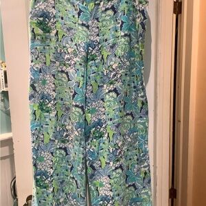 Vintage Lilly Pulitzer Blue, Aqua & Green Floral Wide-Leg Pants